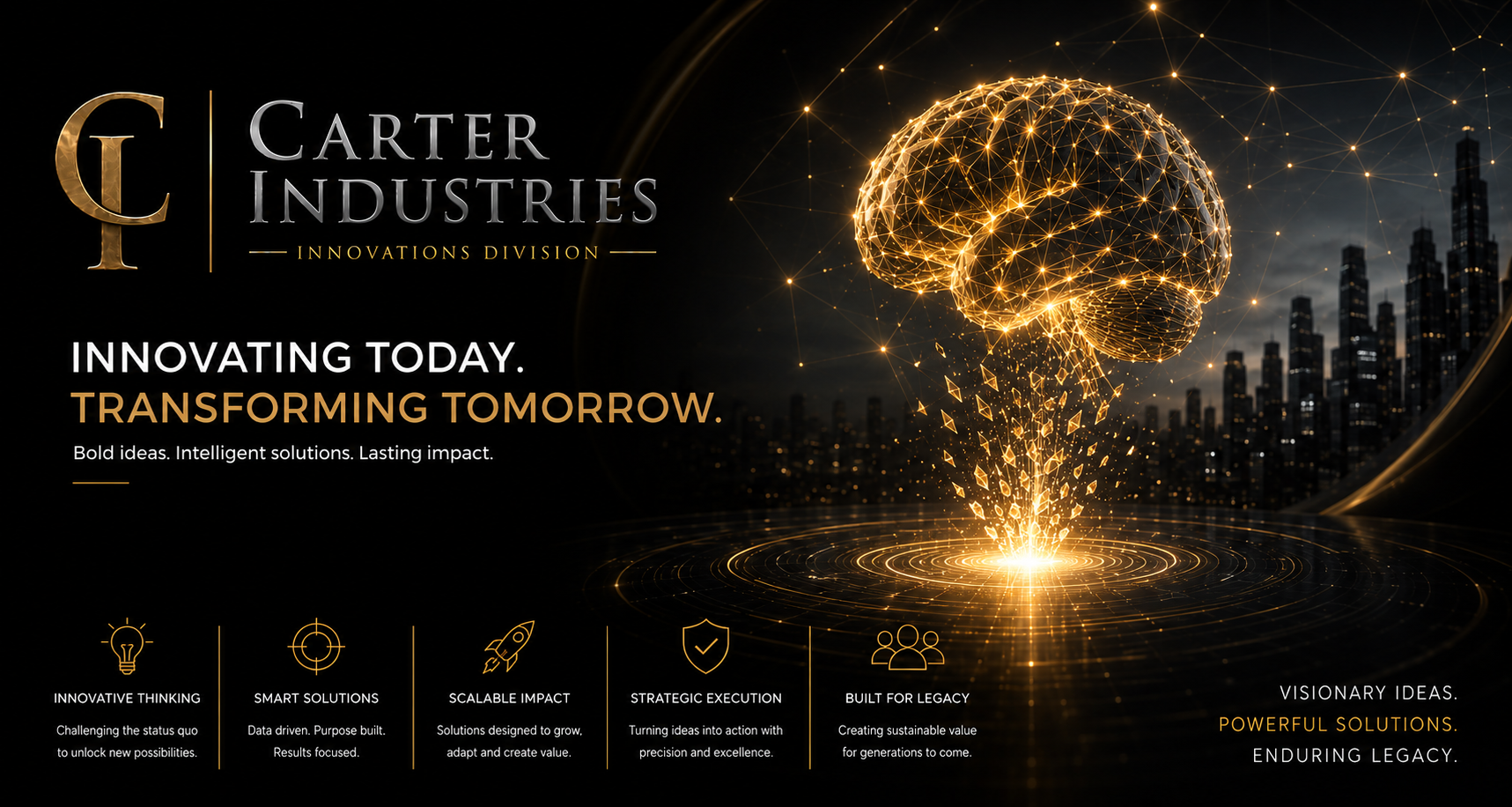 Carter Industries Innovations Division — a glowing neural network in the shape of a brain rises above a city skyline. Innovating Today. Transforming Tomorrow. Bold ideas. Intelligent solutions. Lasting impact.