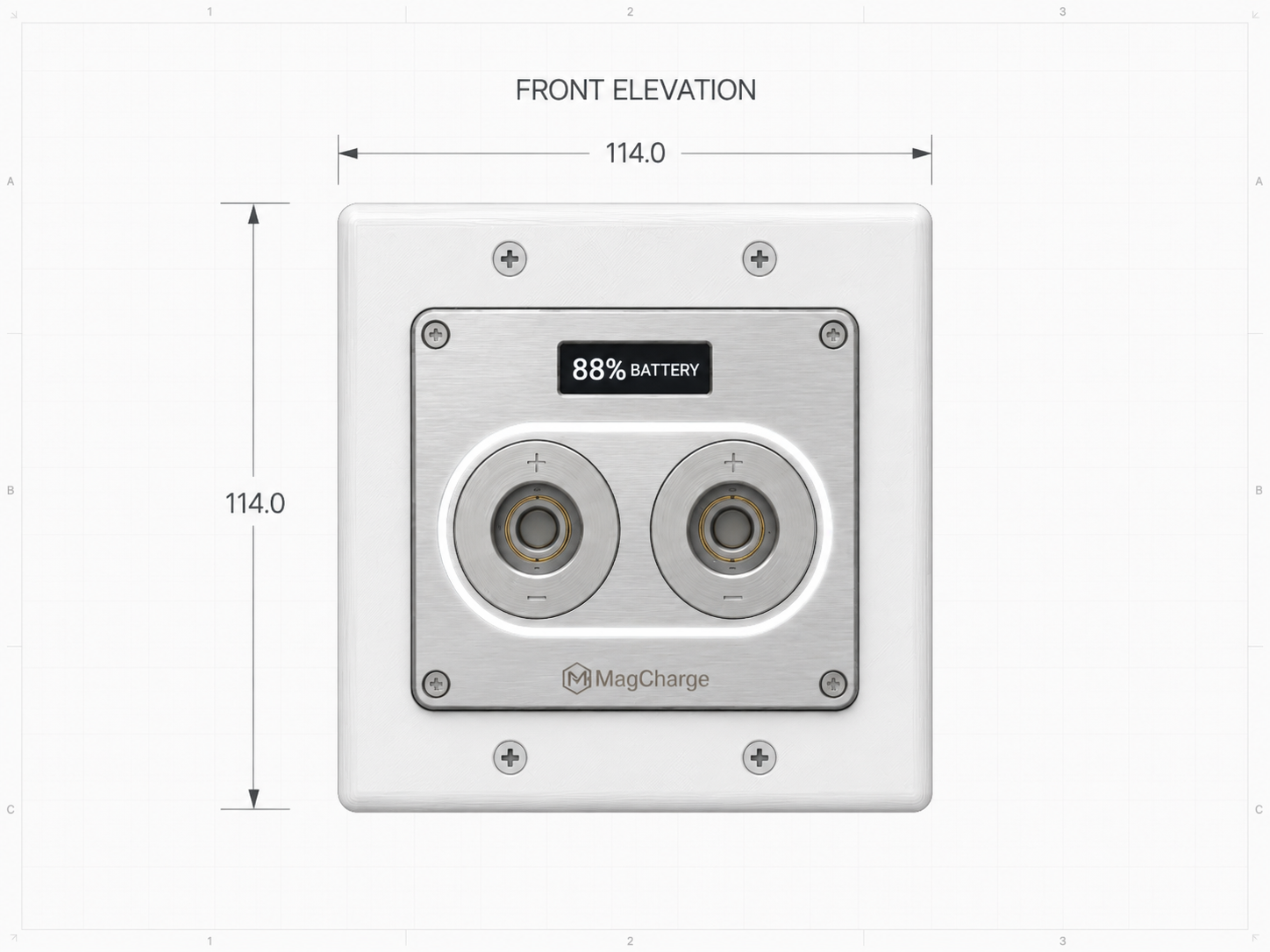 MagCharge front elevation with dimensions